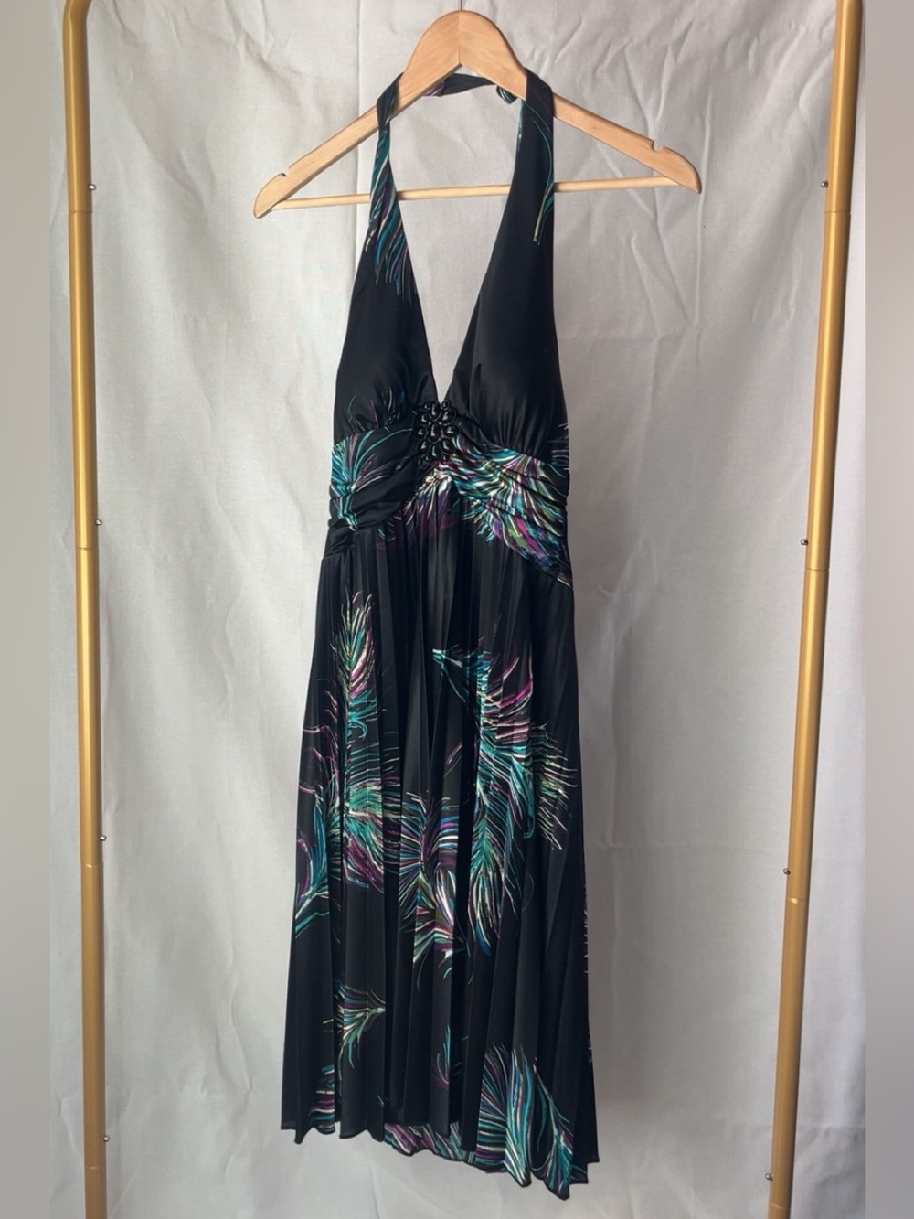 Speechless Black One-Shoulder Halter Maxi Dress with Teal & Purple Feather Print